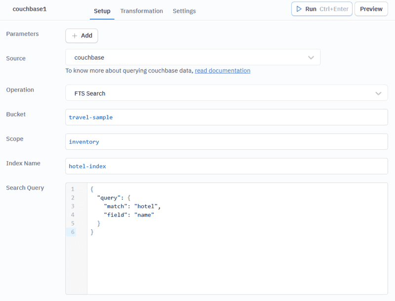 FTS Search operation in ToolJet — use airline-name-index for Index Name in place of the hotel-index value shown