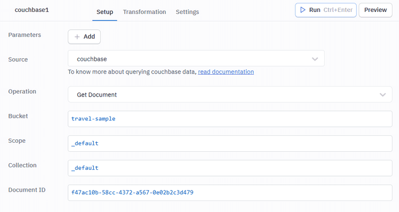 Get Document operation in ToolJet — use inventory for Scope and airline for Collection in place of the _default values shown