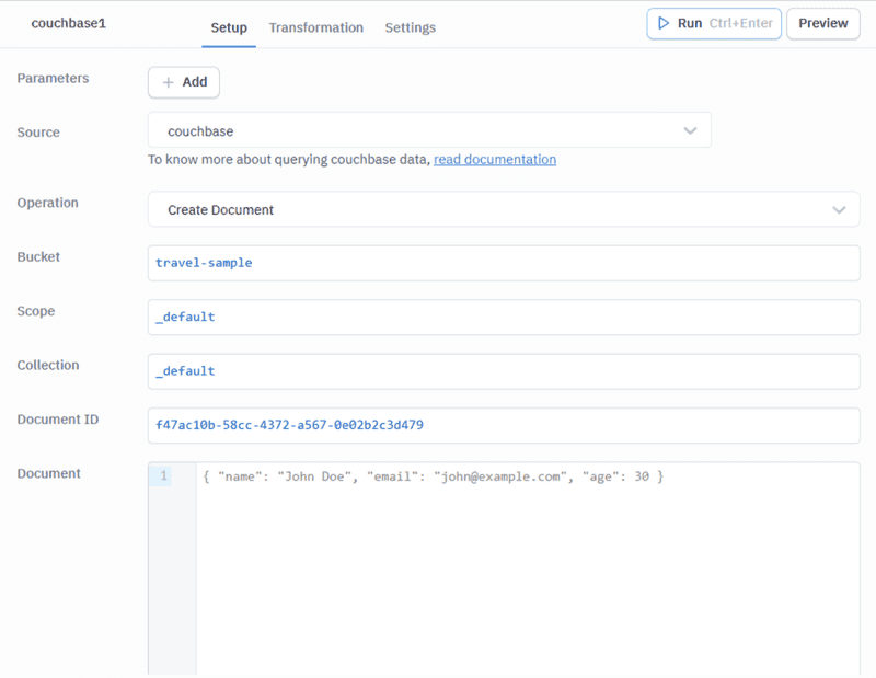 Create Document operation in ToolJet — use inventory for Scope and airline for Collection in place of the _default values shown
