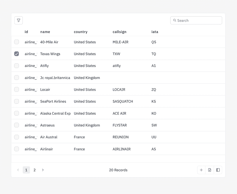 Airlines table populated with 20 rows fetched from the travel-sample.inventory.airline collection