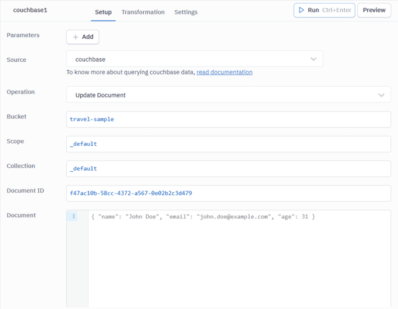 Update Document operation in ToolJet — use inventory for Scope and airline for Collection in place of the _default values shown