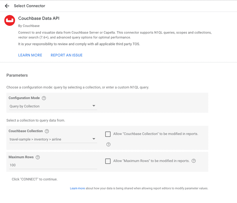 Couchbase Data API config screen: Query by Collection mode, travel-sample > inventory > airline selected, Maximum Rows 100