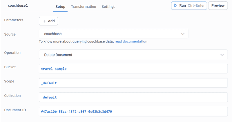 Delete Document operation in ToolJet — use inventory for Scope and airline for Collection in place of the _default values shown