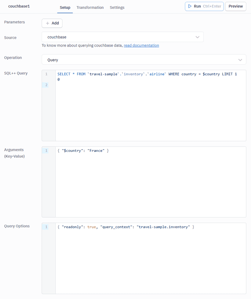 SQL++ Query with parameterized arguments and query options in ToolJet