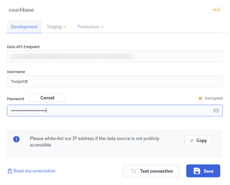 Couchbase data source connection configuration in ToolJet