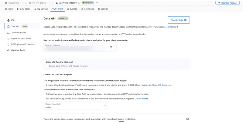 Capella Connect → Data API page showing the ENABLED badge and the endpoint URL to copy